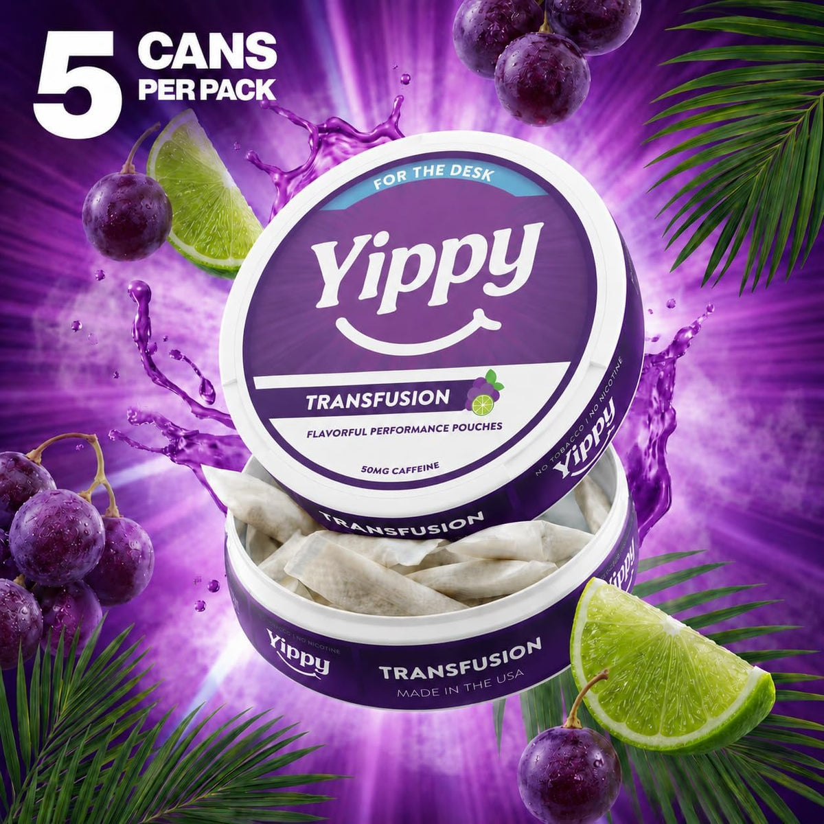 Yippy for the Desk Nootropic Pouches - Transfusion Flavor - Clean Energy Focus Pouches with Caffeine, L-Theanine, L-Tyrosine & Rhodiola - No Nicotine, No Tobacco - 5 Pack